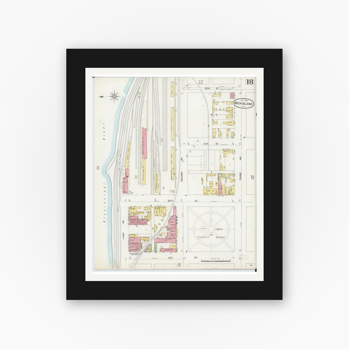 Old map wall art mockup — black gallery frame with white mat — Sanborn Fire Insurance Map from Rock Island, Rock Island County, Illinois (1898), Sheet #0018