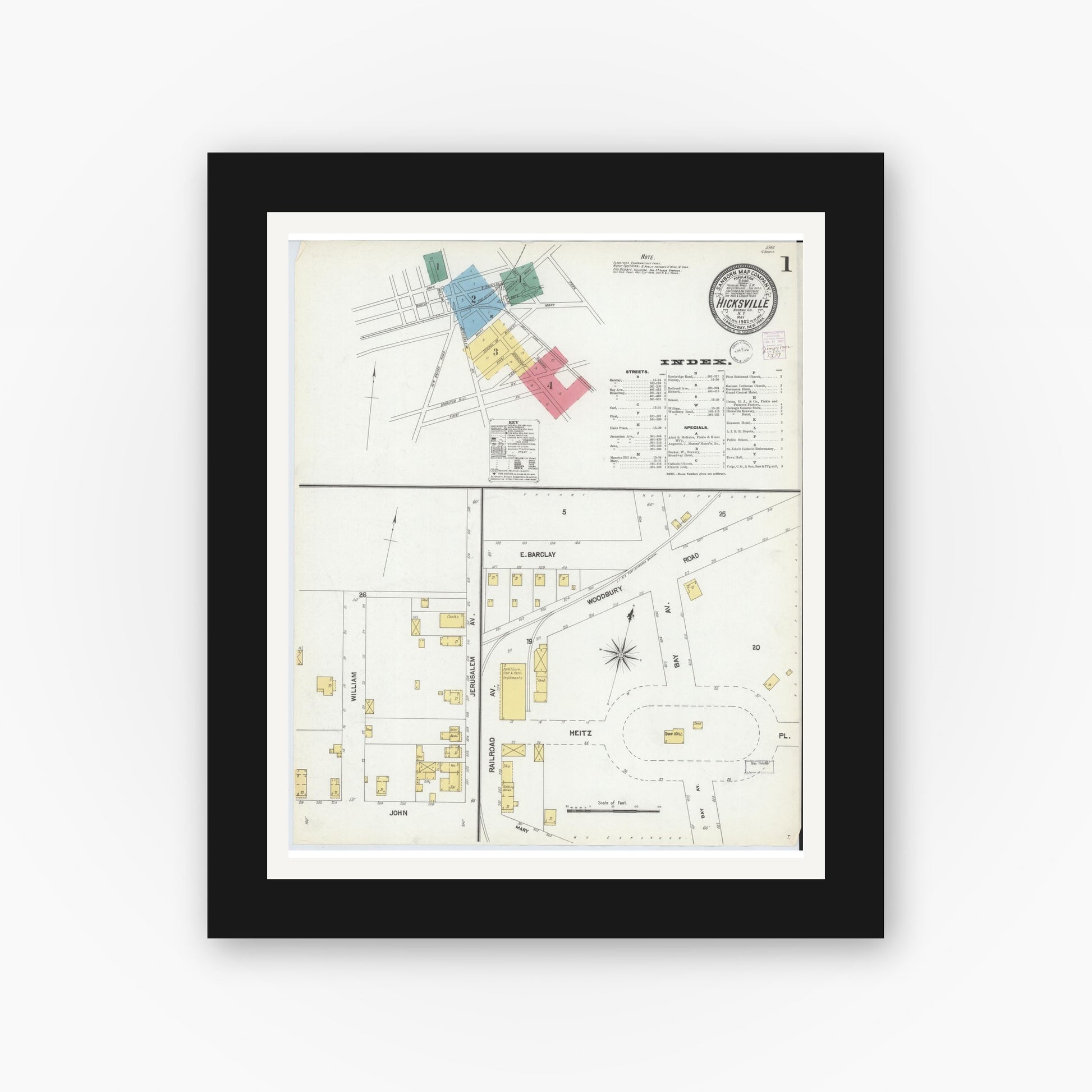 Old map wall art mockup — black gallery frame with white mat — Sanborn Fire Insurance Map from Hicksville, Nassau County, New York (1902), Sheet #0001