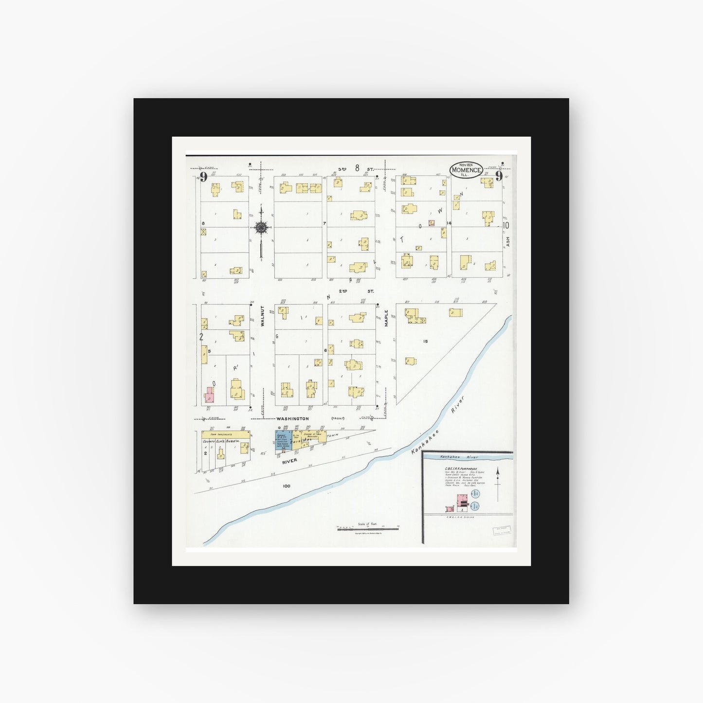 Old map wall art mockup — black gallery frame with white mat — Sanborn Fire Insurance Map from Momence, Kankakee County, Illinois (1924), Sheet #0009