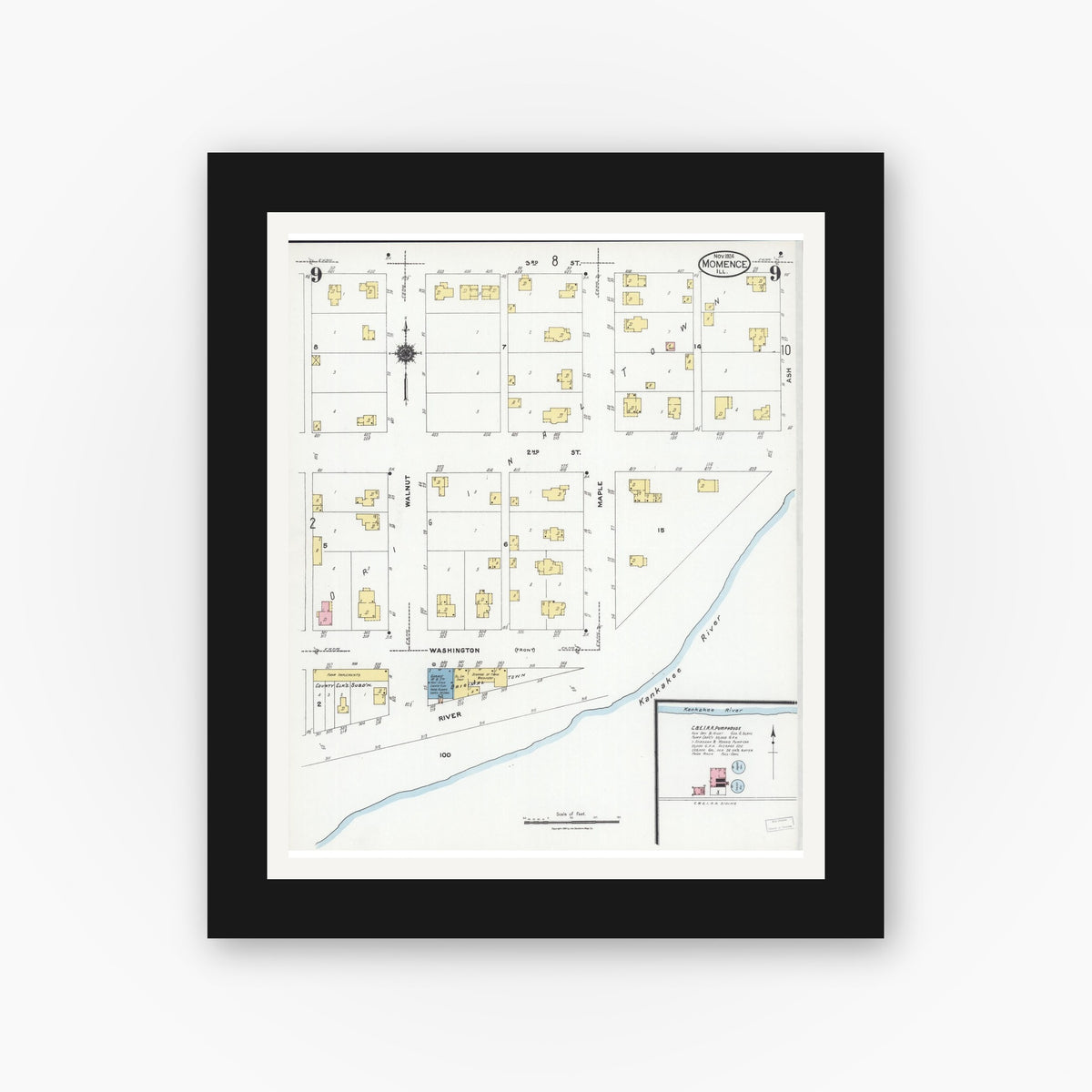 Old map wall art mockup — black gallery frame with white mat — Sanborn Fire Insurance Map from Momence, Kankakee County, Illinois (1924), Sheet #0009