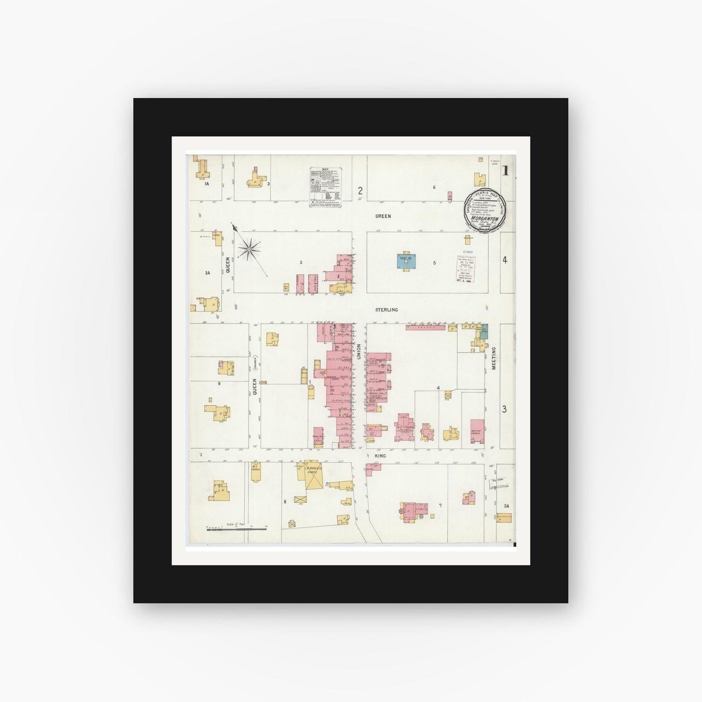 Old map wall art mockup — black gallery frame with white mat — Sanborn Fire Insurance Map from Morganton, Burke County, North Carolina (1900) - Complete Map Set