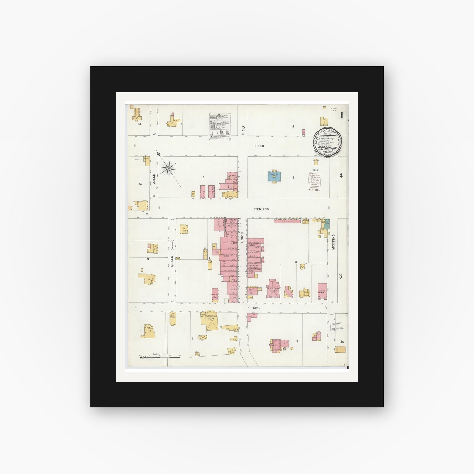 Old map wall art mockup — black gallery frame with white mat — Sanborn Fire Insurance Map from Morganton, Burke County, North Carolina (1900) - Complete Map Set