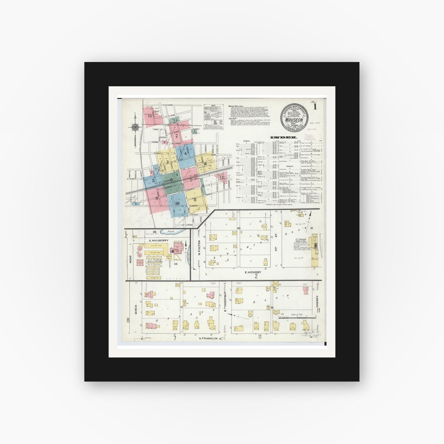 Old map wall art mockup — black gallery frame with white mat — Sanborn Fire Insurance Map from Wauseon, Fulton County, Ohio (1910) - Complete Map Set