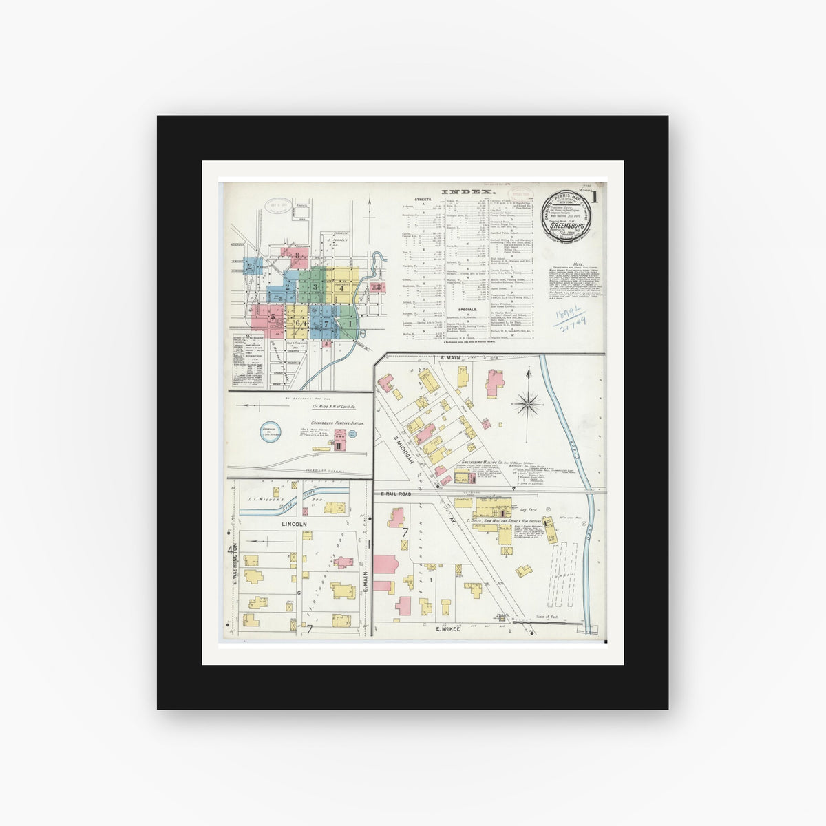 Old map wall art mockup — black gallery frame with white mat — Sanborn Fire Insurance Map from Greensburg, Decatur County, Indiana (1899), Sheet #0001