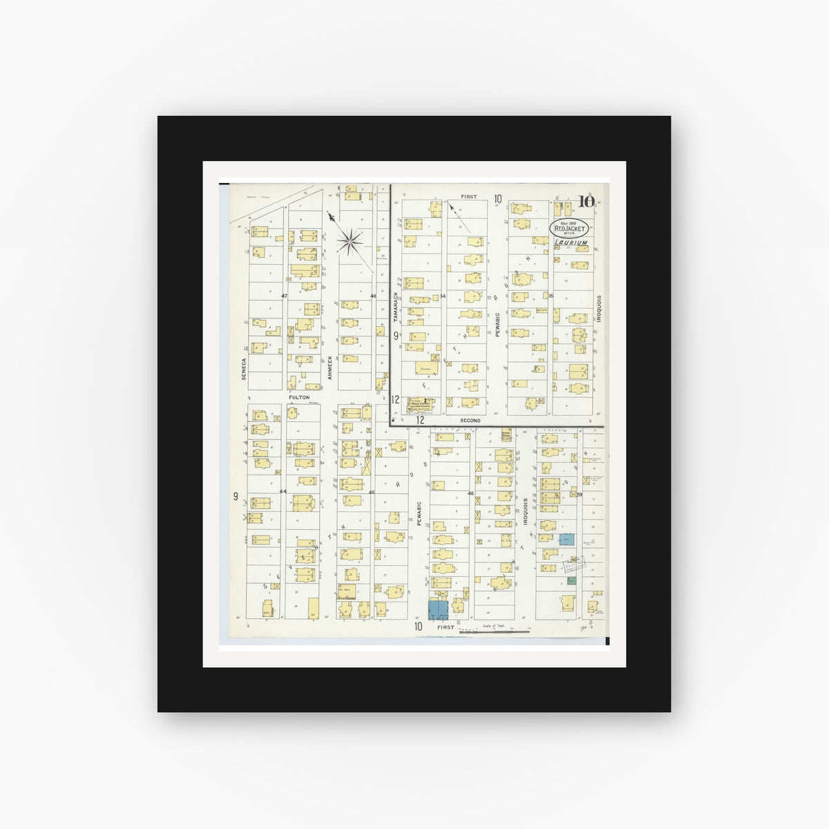 Old map wall art mockup — black gallery frame with white mat — Sanborn Fire Insurance Map from Red Jacket, Houghton County, Michigan (1908), Sheet #0010