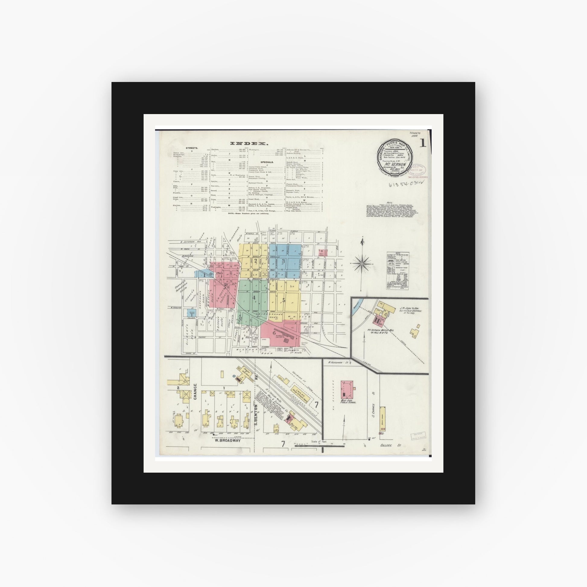 Old map wall art mockup — black gallery frame with white mat — Sanborn Fire Insurance Map from Mount Vernon, Jefferson County, Illinois (1897) - Complete Map Set