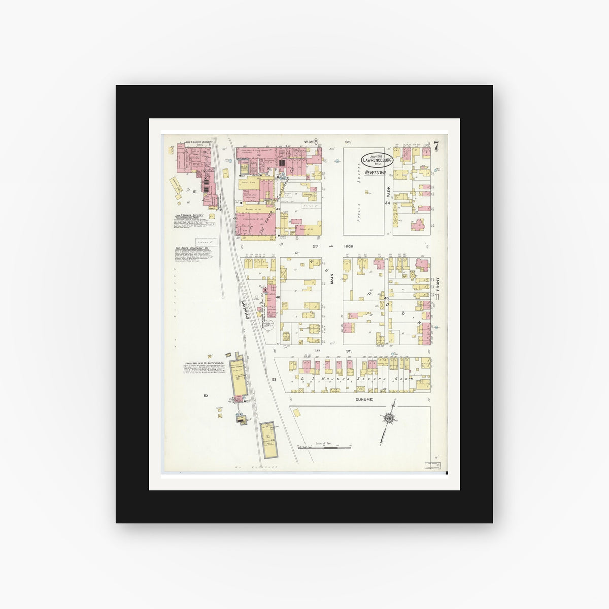 Old map wall art mockup — black gallery frame with white mat — Sanborn Fire Insurance Map from Lawrenceburg, Dearborn County, Indiana (1910), Sheet #0007