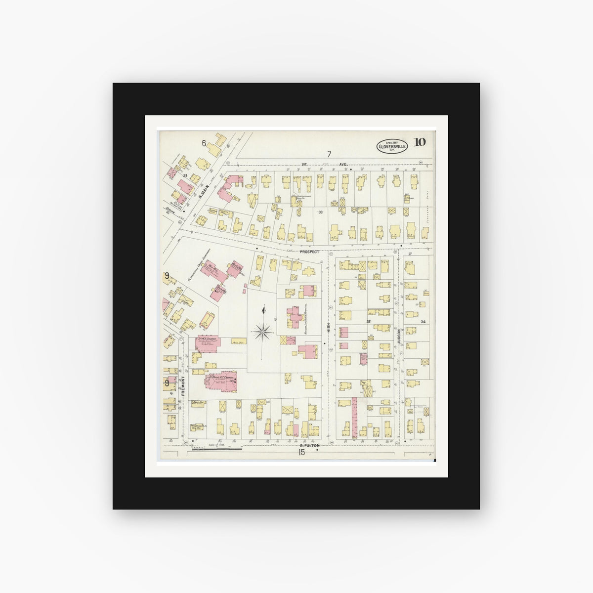Old map wall art mockup — black gallery frame with white mat — Sanborn Fire Insurance Map from Gloversville, Fulton County, New York (1897), Sheet #0010