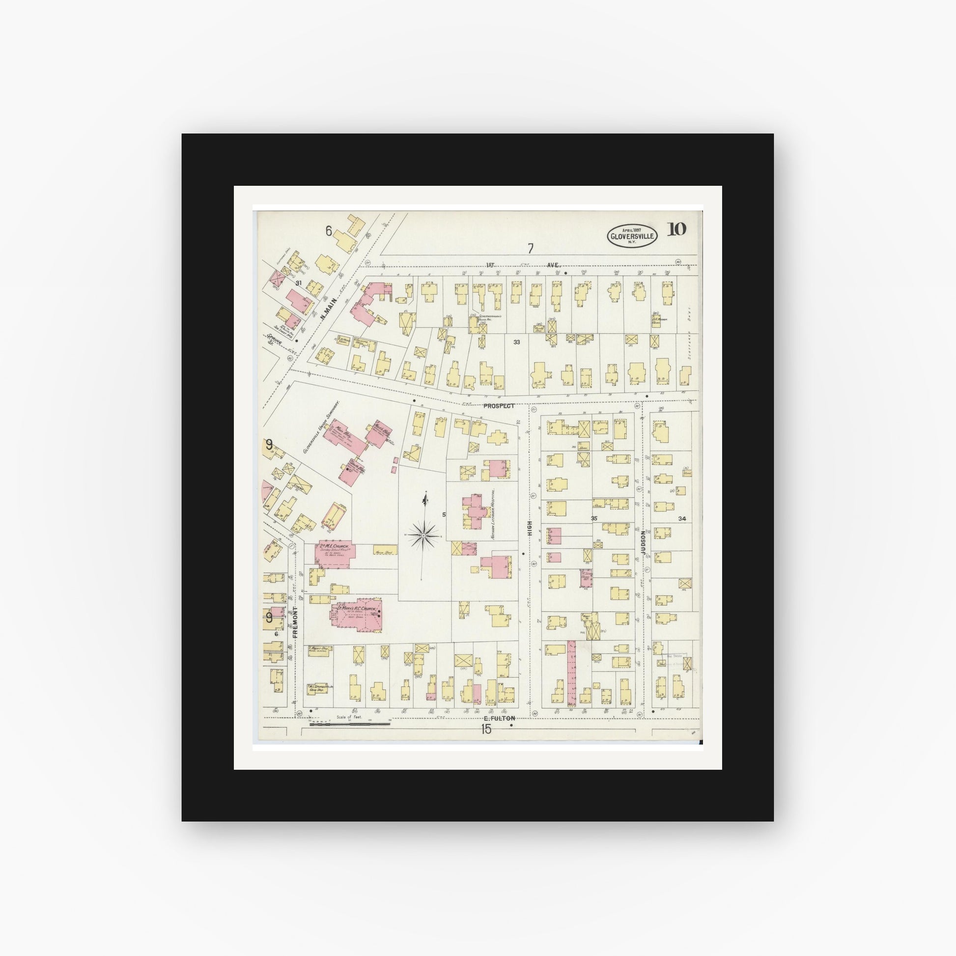 Old map wall art mockup — black gallery frame with white mat — Sanborn Fire Insurance Map from Gloversville, Fulton County, New York (1897), Sheet #0010