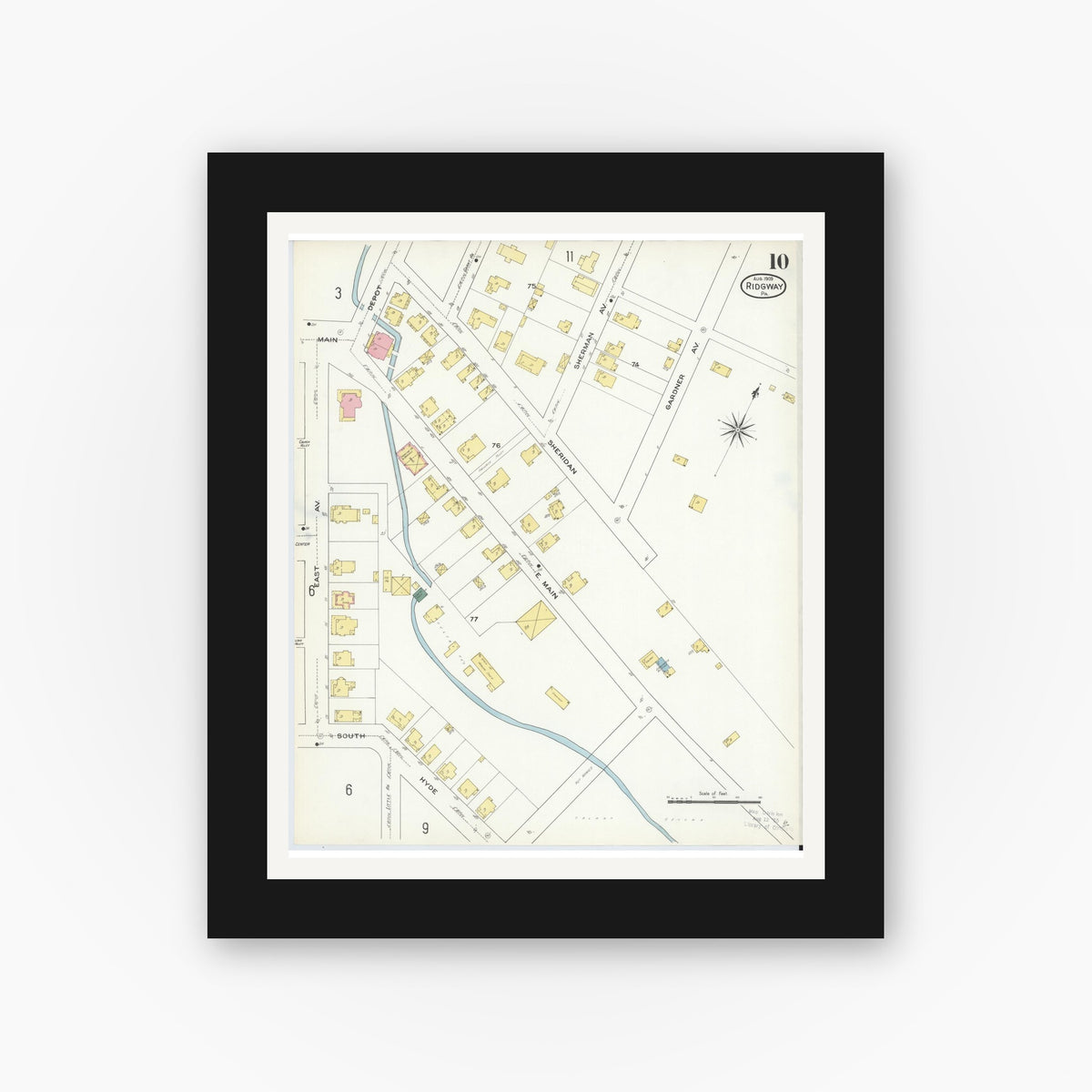 Old map wall art mockup — black gallery frame with white mat — Sanborn Fire Insurance Map from Ridgway, Elk County, Pennsylvania (1909), Sheet #0010