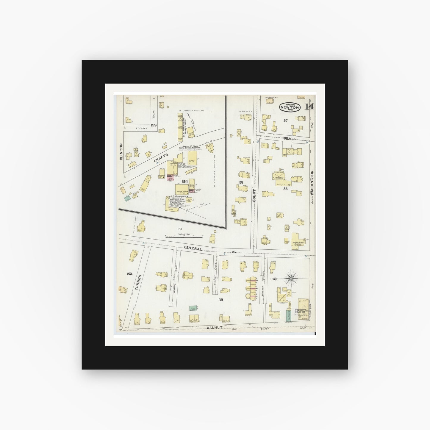 Old map wall art mockup — black gallery frame with white mat — Sanborn Fire Insurance Map from Newton, Middlesex County, Massachusetts (1892), Sheet #0014