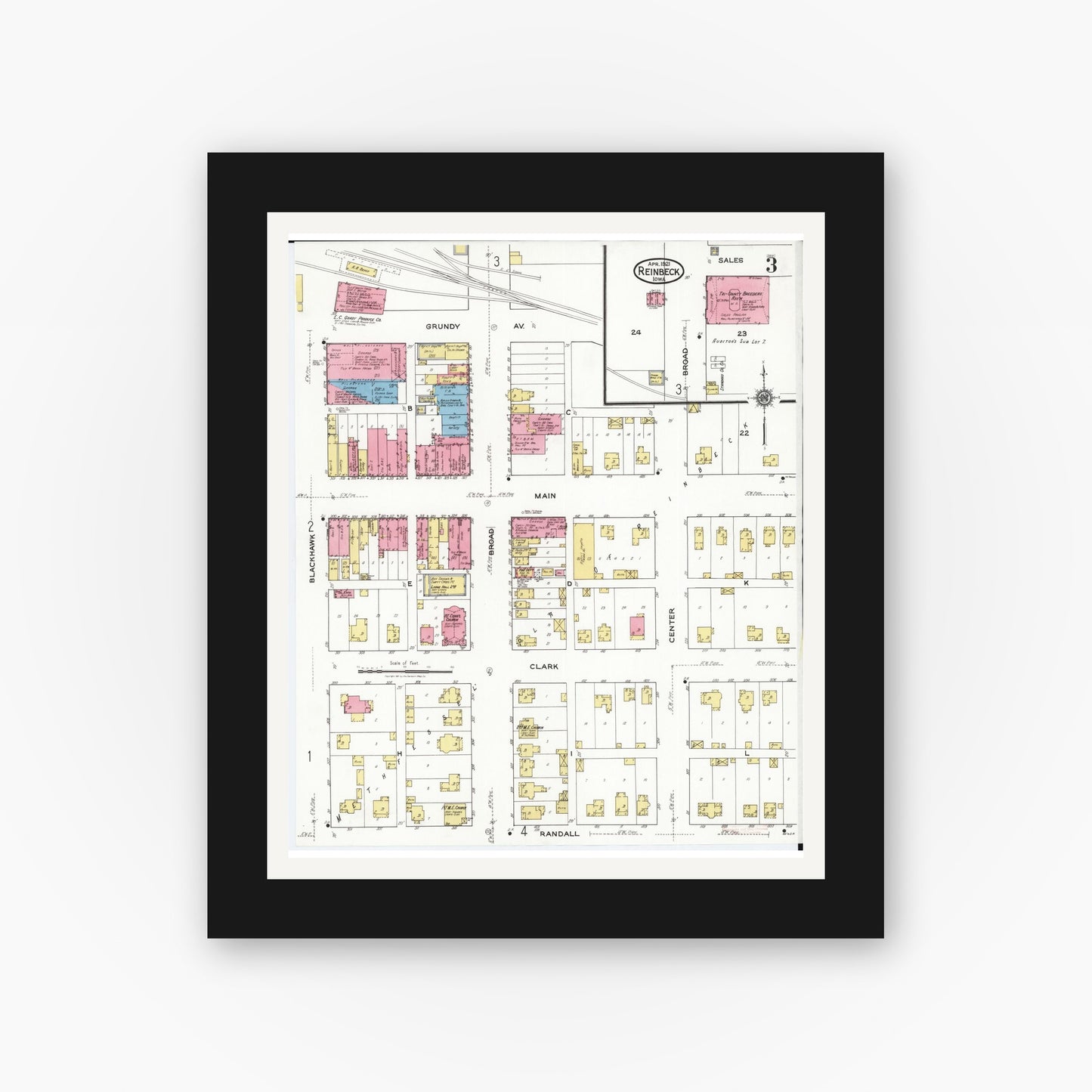 Old map wall art mockup — black gallery frame with white mat — Sanborn Fire Insurance Map from Reinbeck, Grundy County, Iowa (1921), Sheet #0003