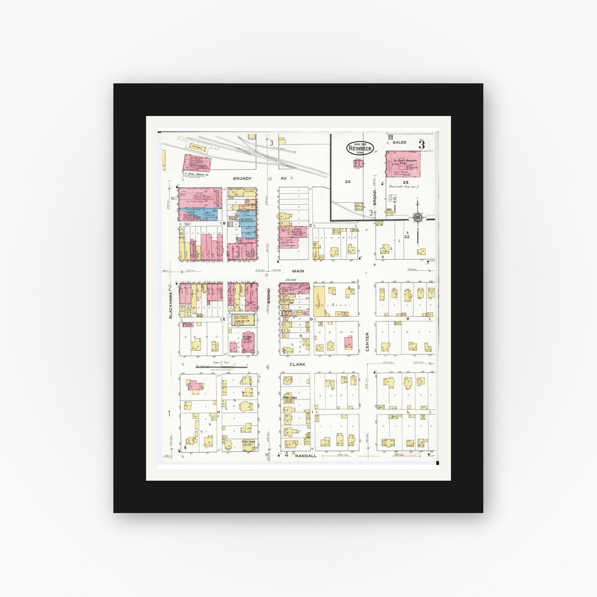 Old map wall art mockup — black gallery frame with white mat — Sanborn Fire Insurance Map from Reinbeck, Grundy County, Iowa (1921), Sheet #0003