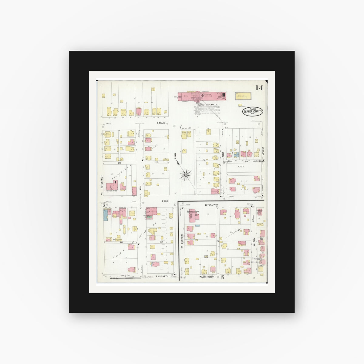 Old map wall art mockup — black gallery frame with white mat — Sanborn Fire Insurance Map from Jefferson City, Cole County, Missouri (1908), Sheet #0014