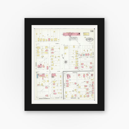Old map wall art mockup — black gallery frame with white mat — Sanborn Fire Insurance Map from Jefferson City, Cole County, Missouri (1908), Sheet #0014