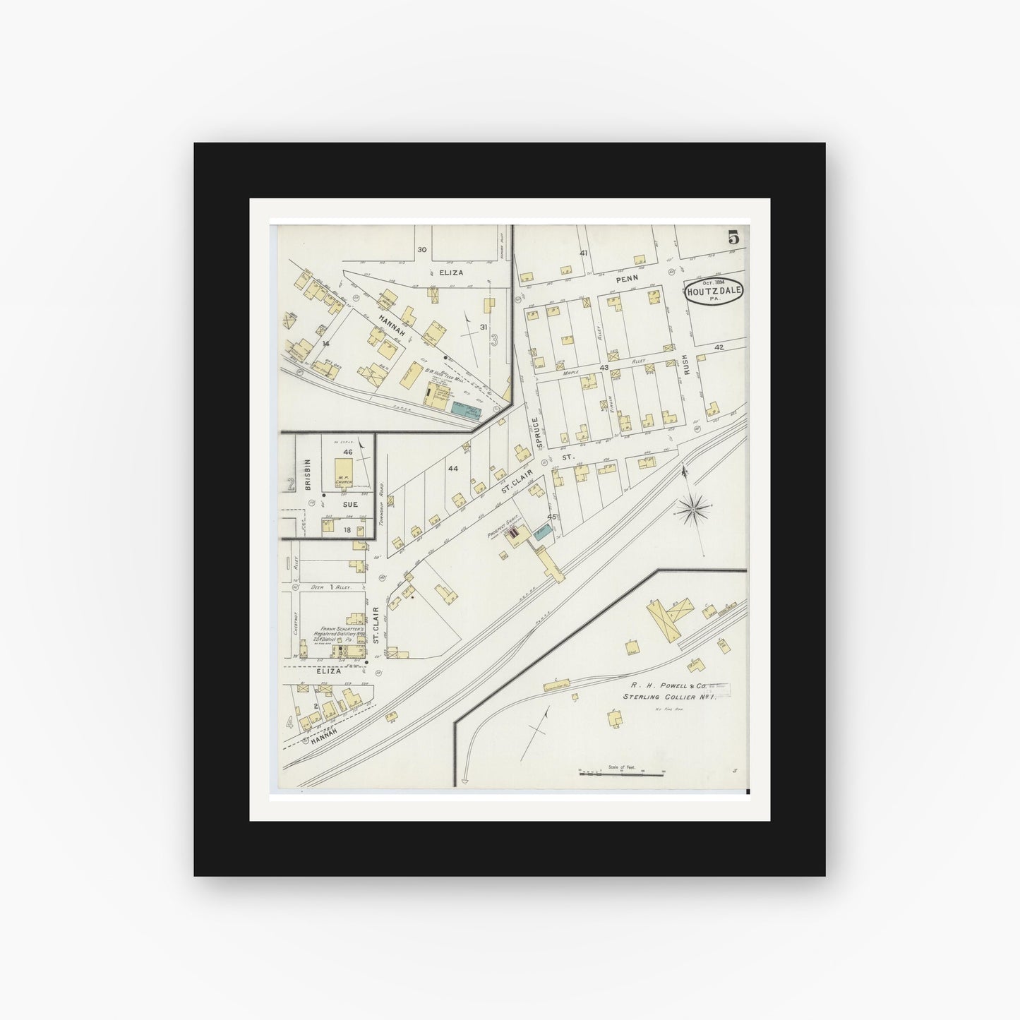 Old map wall art mockup — black gallery frame with white mat — Sanborn Fire Insurance Map from Houtzdale, Clearfield County, Pennsylvania (1894), Sheet #0005