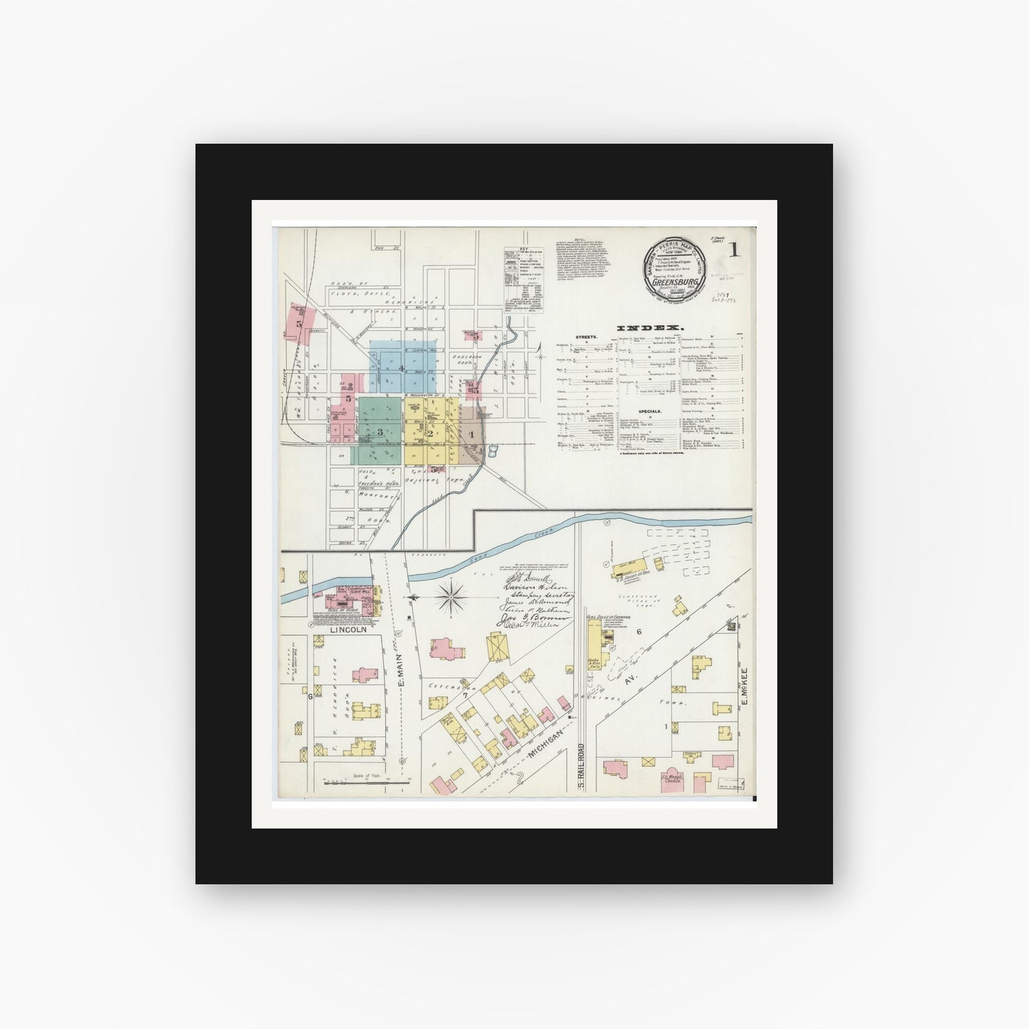Old map wall art mockup — black gallery frame with white mat — Sanborn Fire Insurance Map from Greensburg, Decatur County, Indiana (1897) - Complete Map Set