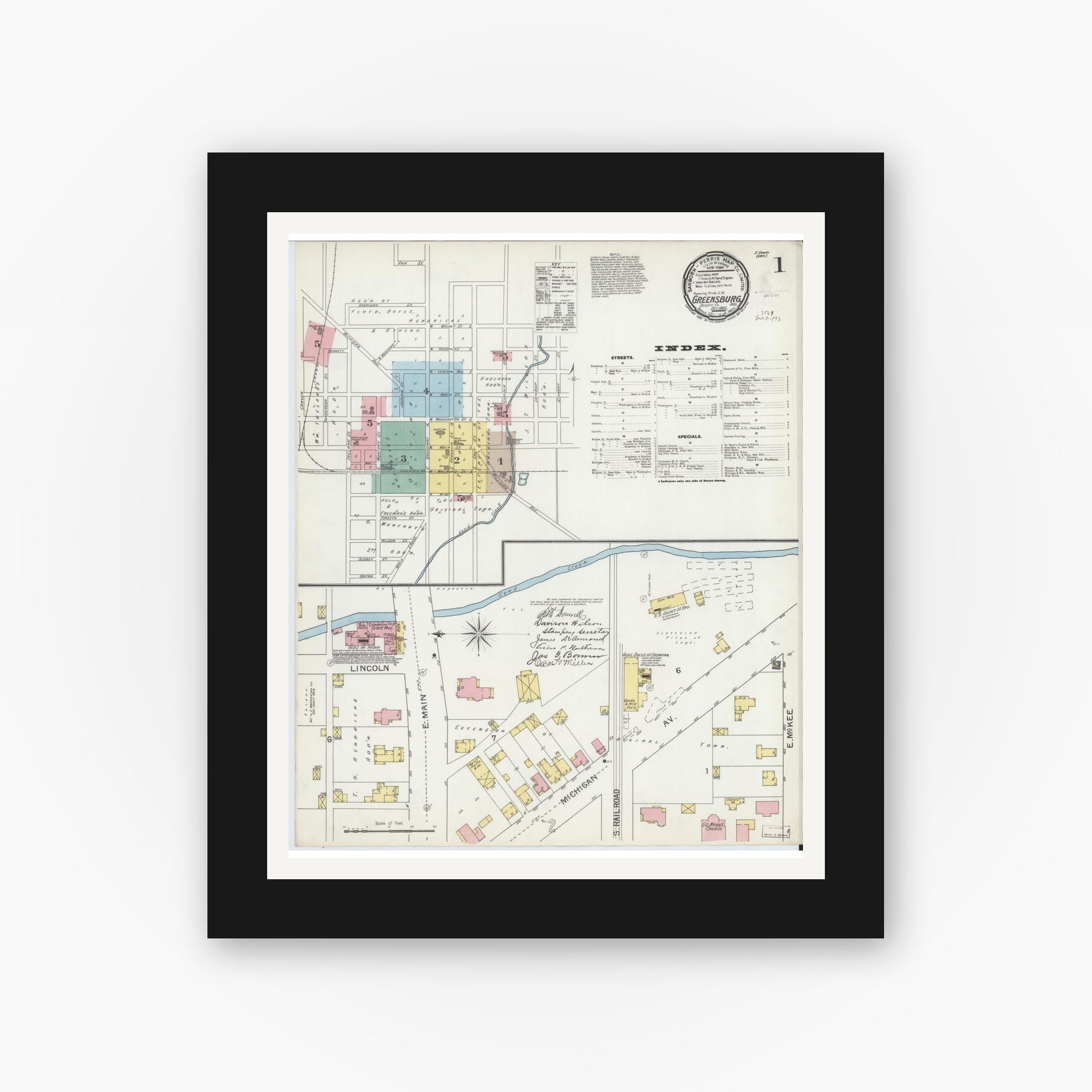 Old map wall art mockup — black gallery frame with white mat — Sanborn Fire Insurance Map from Greensburg, Decatur County, Indiana (1897) - Complete Map Set