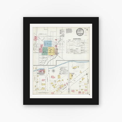 Old map wall art mockup — black gallery frame with white mat — Sanborn Fire Insurance Map from Greensburg, Decatur County, Indiana (1897) - Complete Map Set