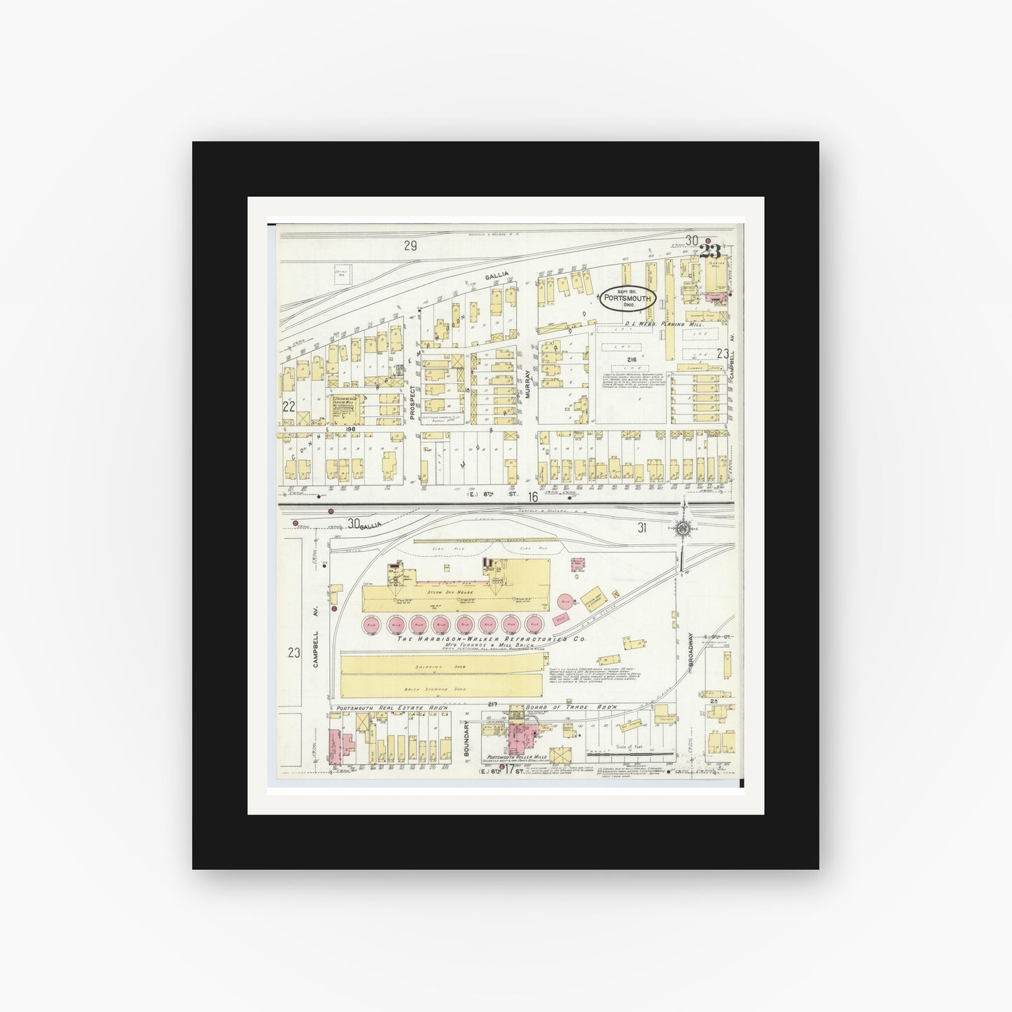 Old map wall art mockup — black gallery frame with white mat — Sanborn Fire Insurance Map from Portsmouth, Scioto County, Ohio (1911), Sheet #0023