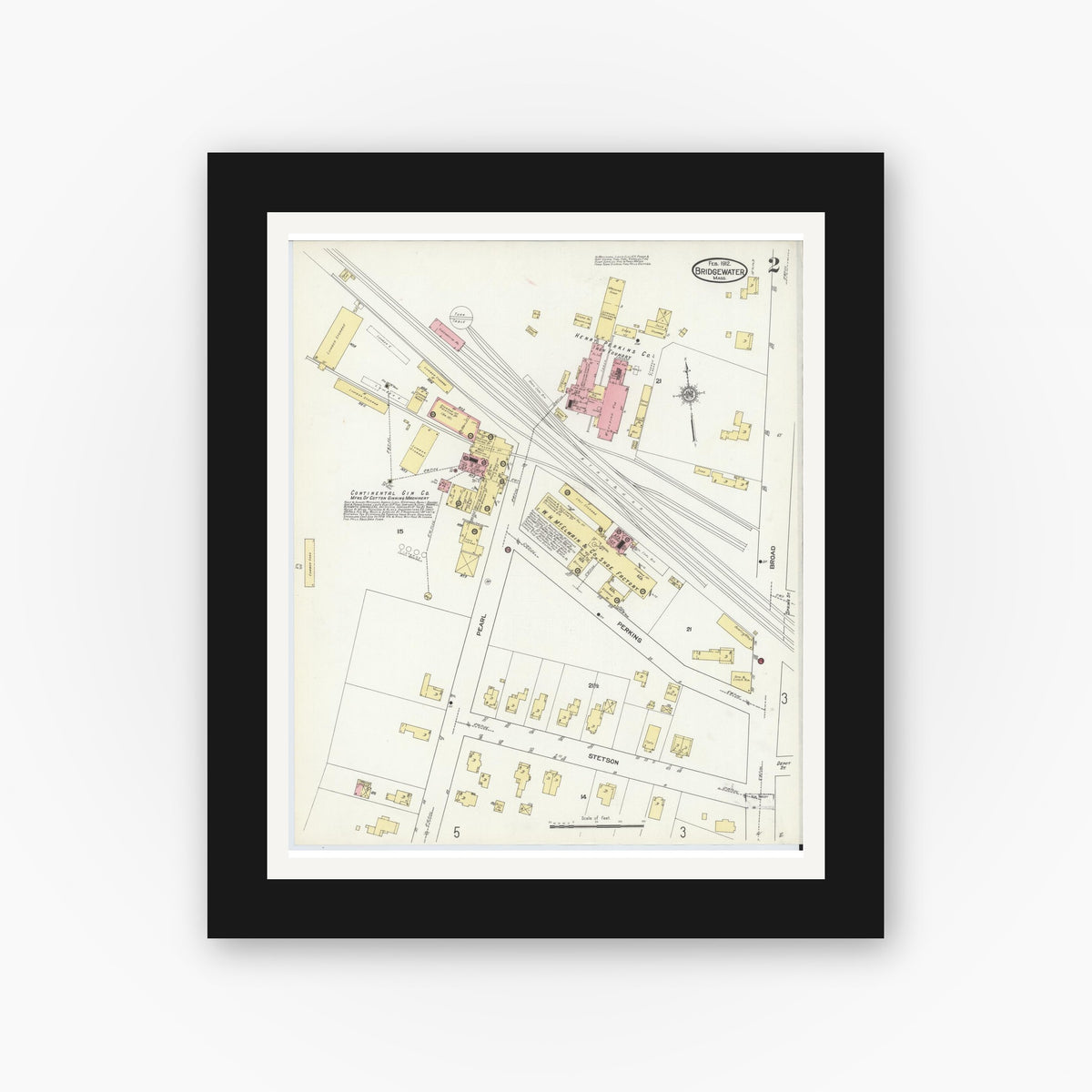 Old map wall art mockup — black gallery frame with white mat — Sanborn Fire Insurance Map from Bridgewater, Plymouth County, Massachusetts (1912), Sheet #0002