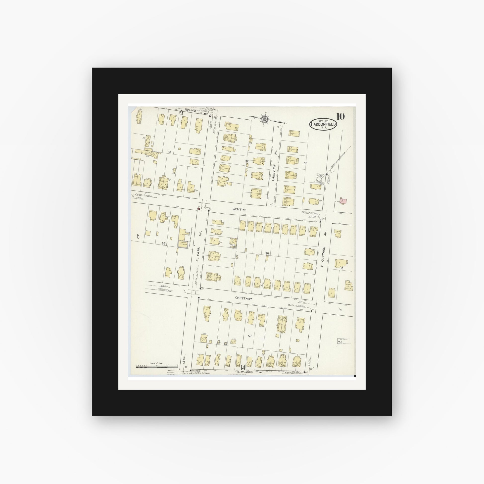 Old map wall art mockup — black gallery frame with white mat — Sanborn Fire Insurance Map from Haddonfield, Camden County, New Jersey (1914), Sheet #0010