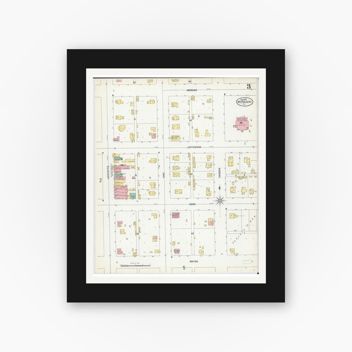 Old map wall art mockup — black gallery frame with white mat — Sanborn Fire Insurance Map from Mount Pulaski, Logan County, Illinois (1900), Sheet #0003