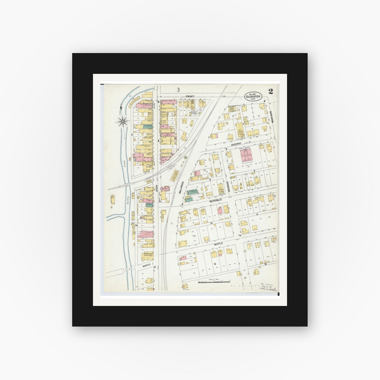 Old map wall art mockup — black gallery frame with white mat — Sanborn Fire Insurance Map from Glouster, Athens County, Ohio (1901), Sheet #0002