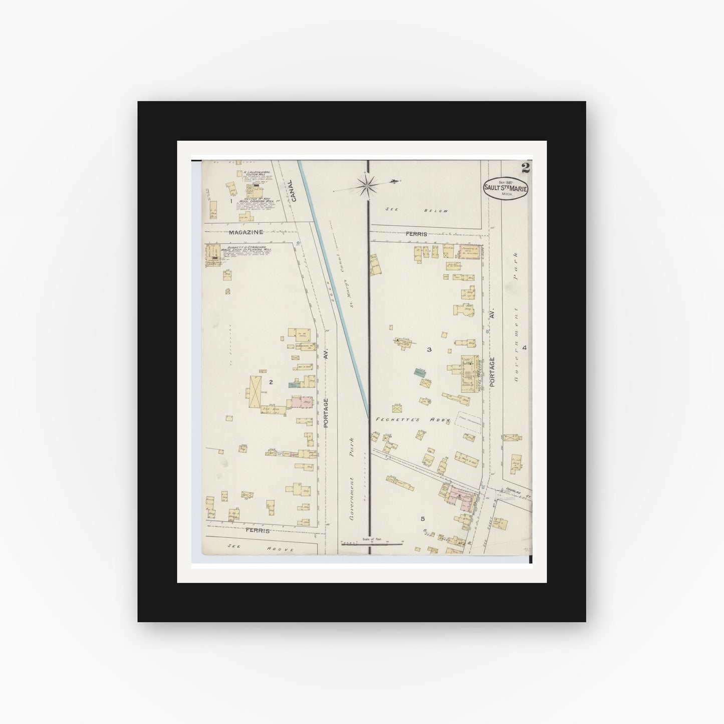 Old map wall art mockup — black gallery frame with white mat — Sanborn Fire Insurance Map from Sault Sainte Marie, Chippewa County, Michigan (1887), Sheet #0002