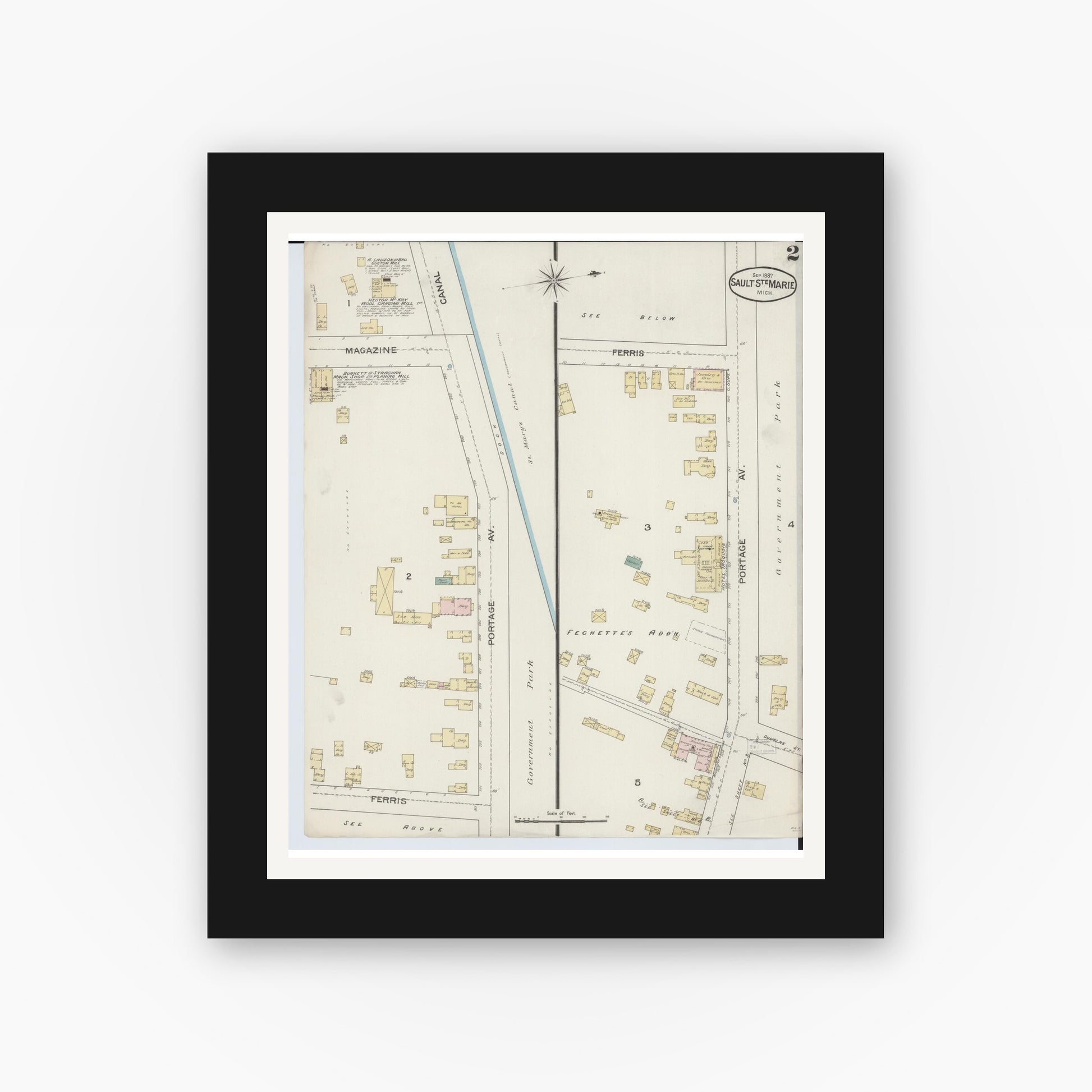 Old map wall art mockup — black gallery frame with white mat — Sanborn Fire Insurance Map from Sault Sainte Marie, Chippewa County, Michigan (1887), Sheet #0002