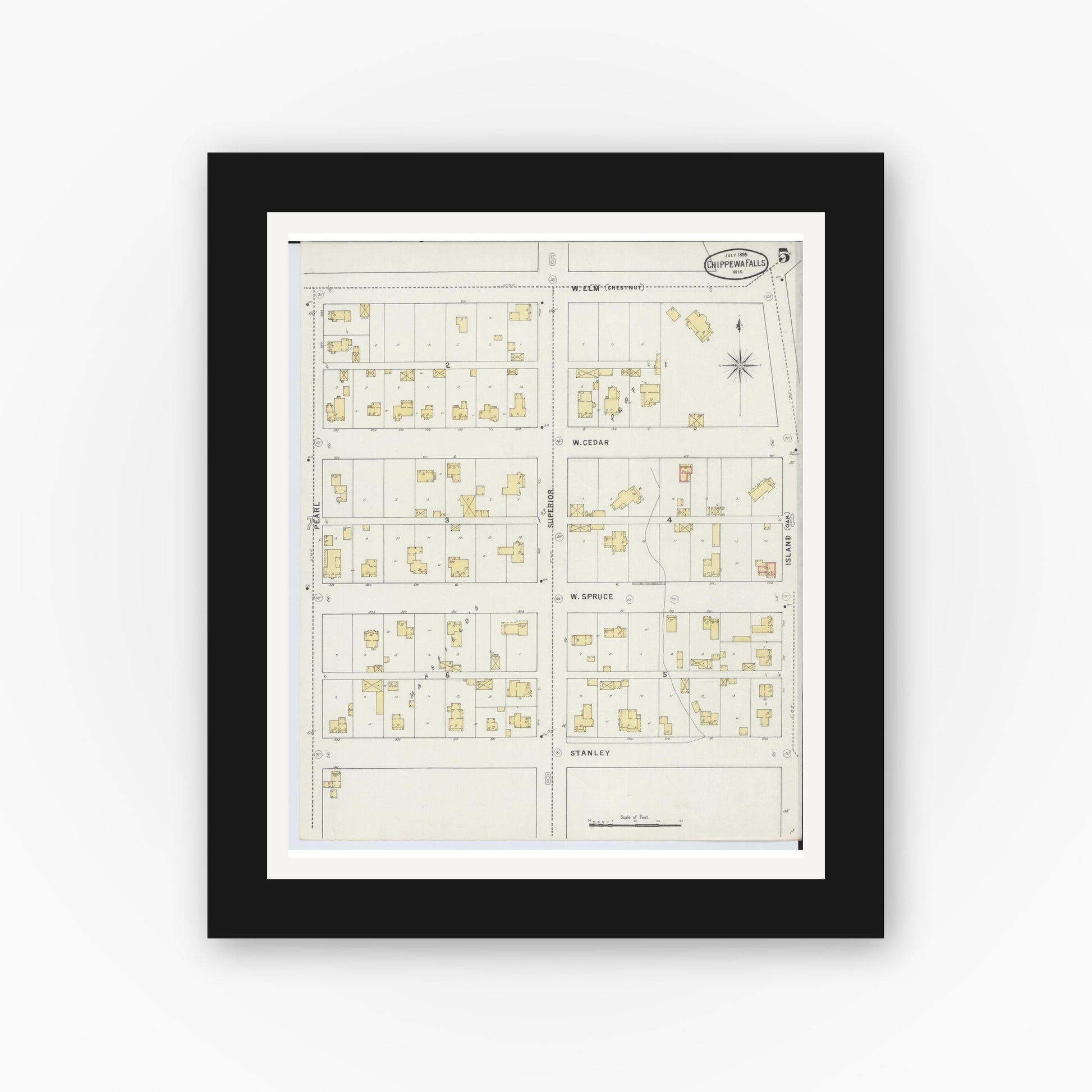 Old map wall art mockup — black gallery frame with white mat — Sanborn Fire Insurance Map from Chippewa Falls, Chippewa County, Wisconsin (1895), Sheet #0005