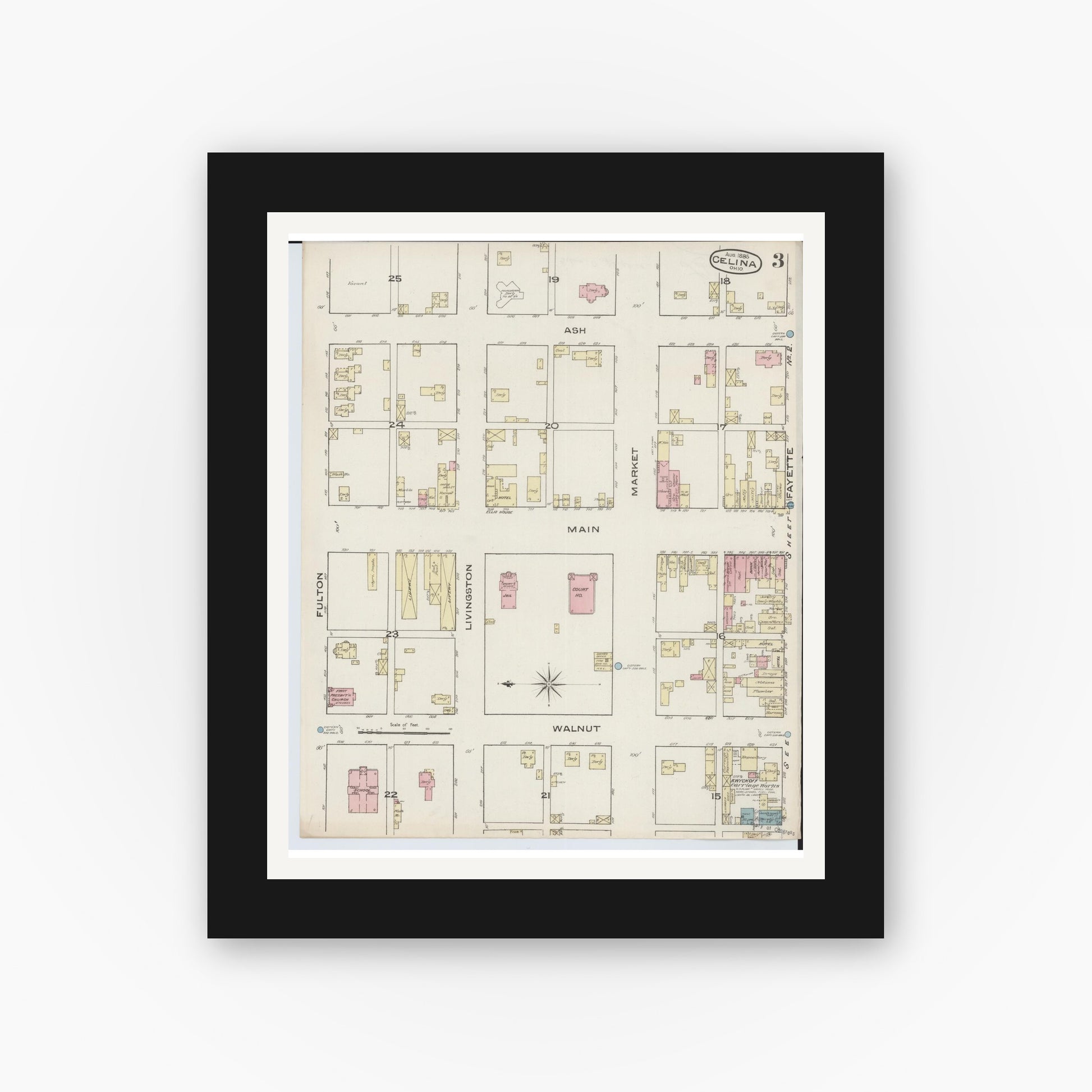 Old map wall art mockup — black gallery frame with white mat — Sanborn Fire Insurance Map from Celina, Mercer County, Ohio (1885), Sheet #0003
