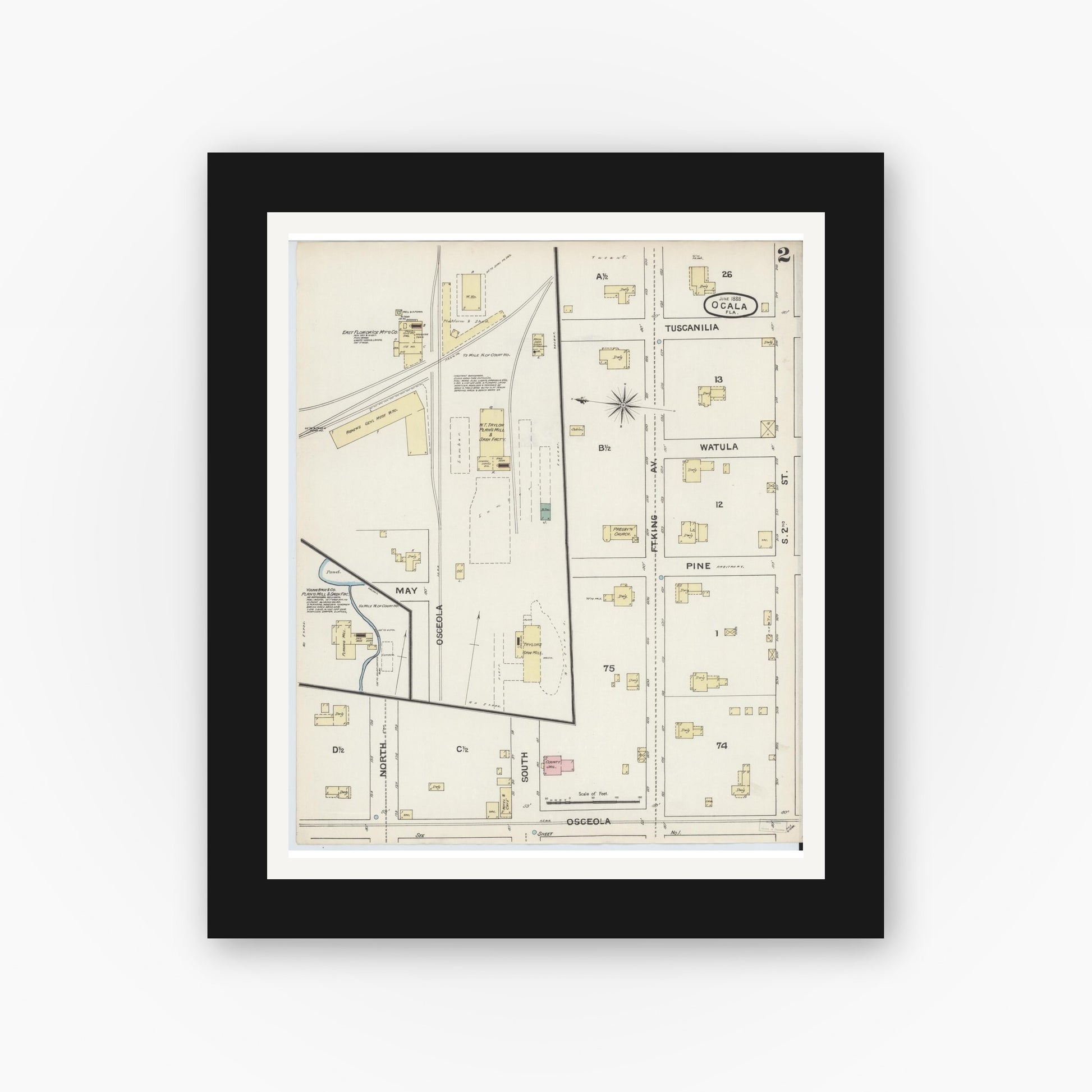 Old map wall art mockup — black gallery frame with white mat — Sanborn Fire Insurance Map from Ocala, Marion County, Florida (1888), Sheet #0002