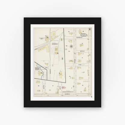 Old map wall art mockup — black gallery frame with white mat — Sanborn Fire Insurance Map from Ocala, Marion County, Florida (1888), Sheet #0002