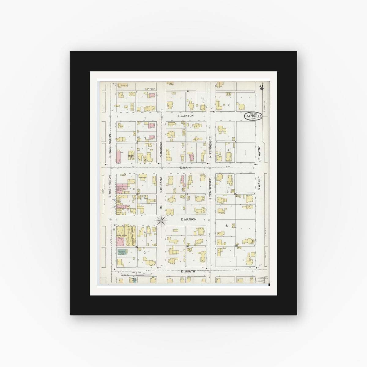 Old map wall art mockup — black gallery frame with white mat — Sanborn Fire Insurance Map from Danville, Hendricks County, Indiana (1893), Sheet #0002