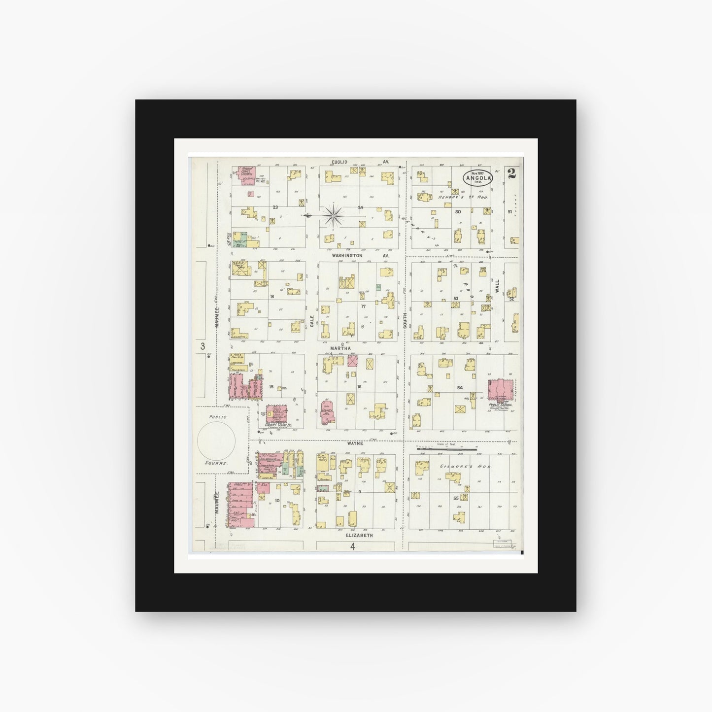 Old map wall art mockup — black gallery frame with white mat — Sanborn Fire Insurance Map from Angola, Steuben County, Indiana (1897), Sheet #0002