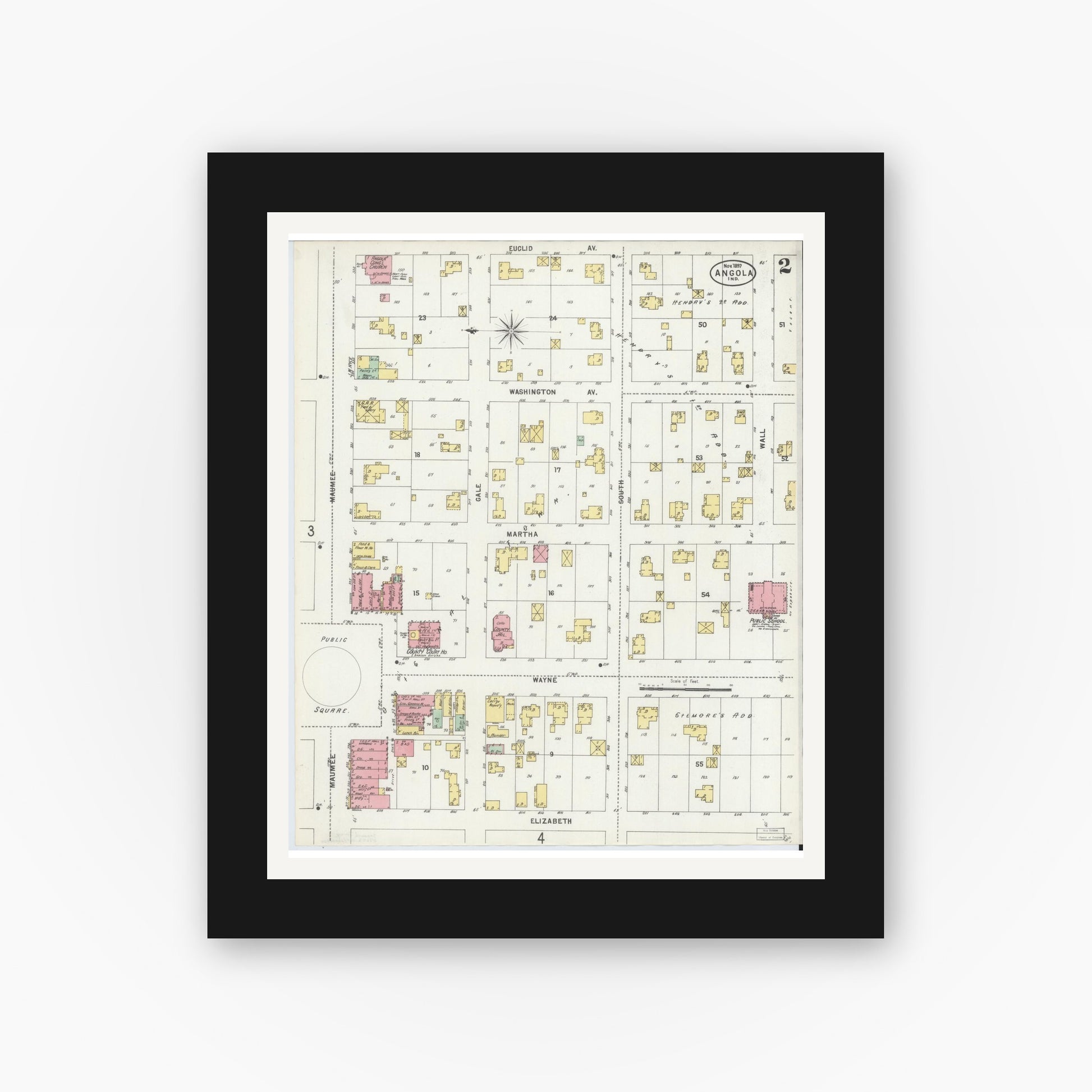 Old map wall art mockup — black gallery frame with white mat — Sanborn Fire Insurance Map from Angola, Steuben County, Indiana (1897), Sheet #0002