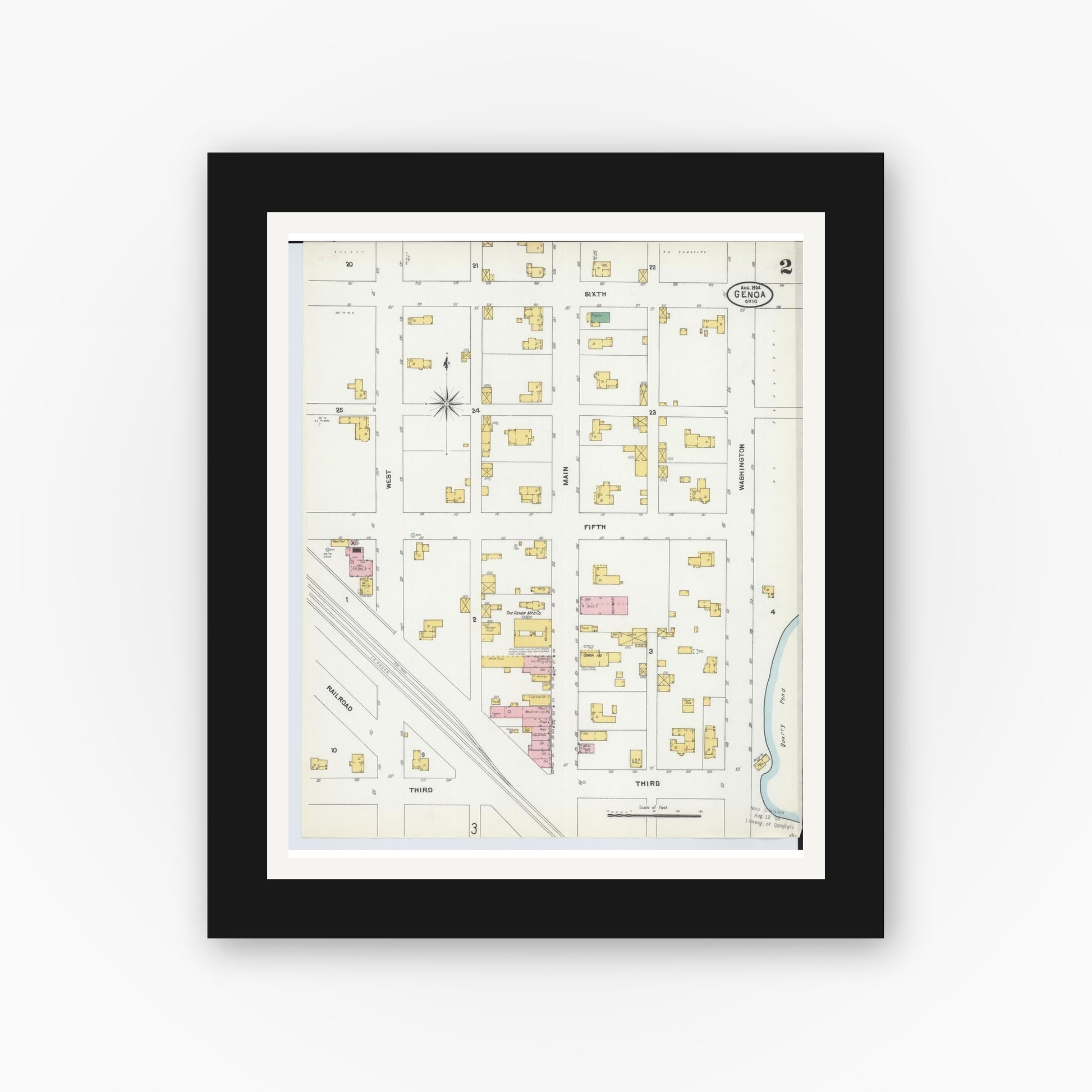 Old map wall art mockup — black gallery frame with white mat — Sanborn Fire Insurance Map from Genoa, Ottawa County, Ohio (1904), Sheet #0002