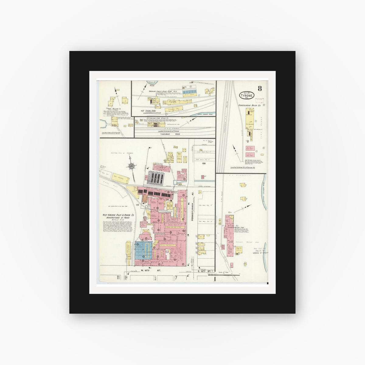 Old map wall art mockup — black gallery frame with white mat — Sanborn Fire Insurance Map from Tyrone, Blair County, Pennsylvania (1911), Sheet #0008