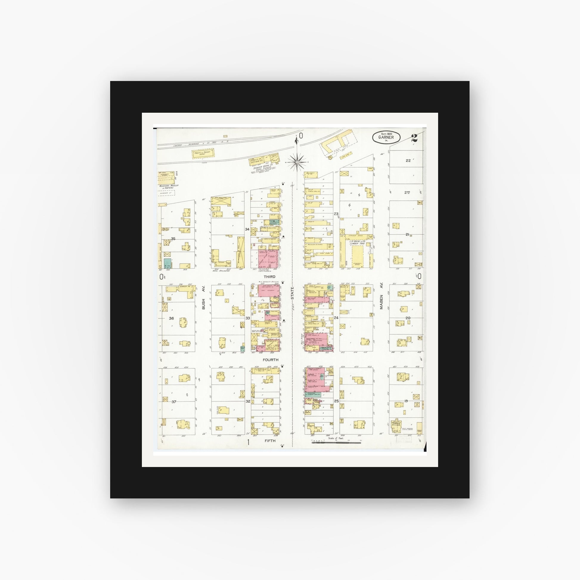 Old map wall art mockup — black gallery frame with white mat — Sanborn Fire Insurance Map from Garner, Hancock County, Iowa (1900), Sheet #0002