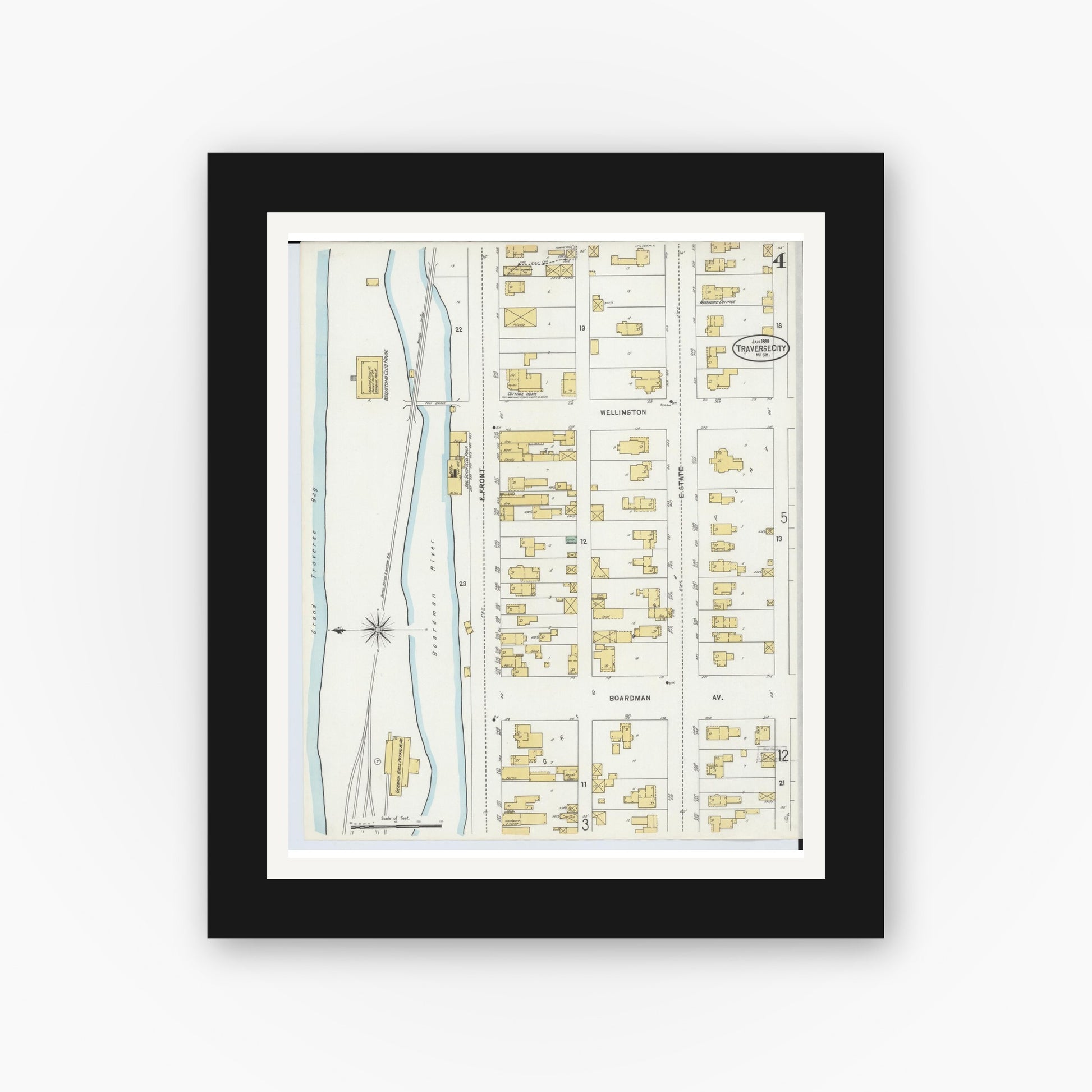 Old map wall art mockup — black gallery frame with white mat — Sanborn Fire Insurance Map from Traverse City, Grand Traverse County, Michigan (1899), Sheet #0004