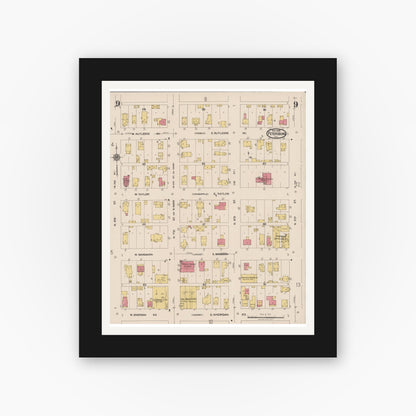 Old map wall art mockup — black gallery frame with white mat — Sanborn Fire Insurance Map from Petersburg, Menard County, Illinois (1922), Sheet #0009