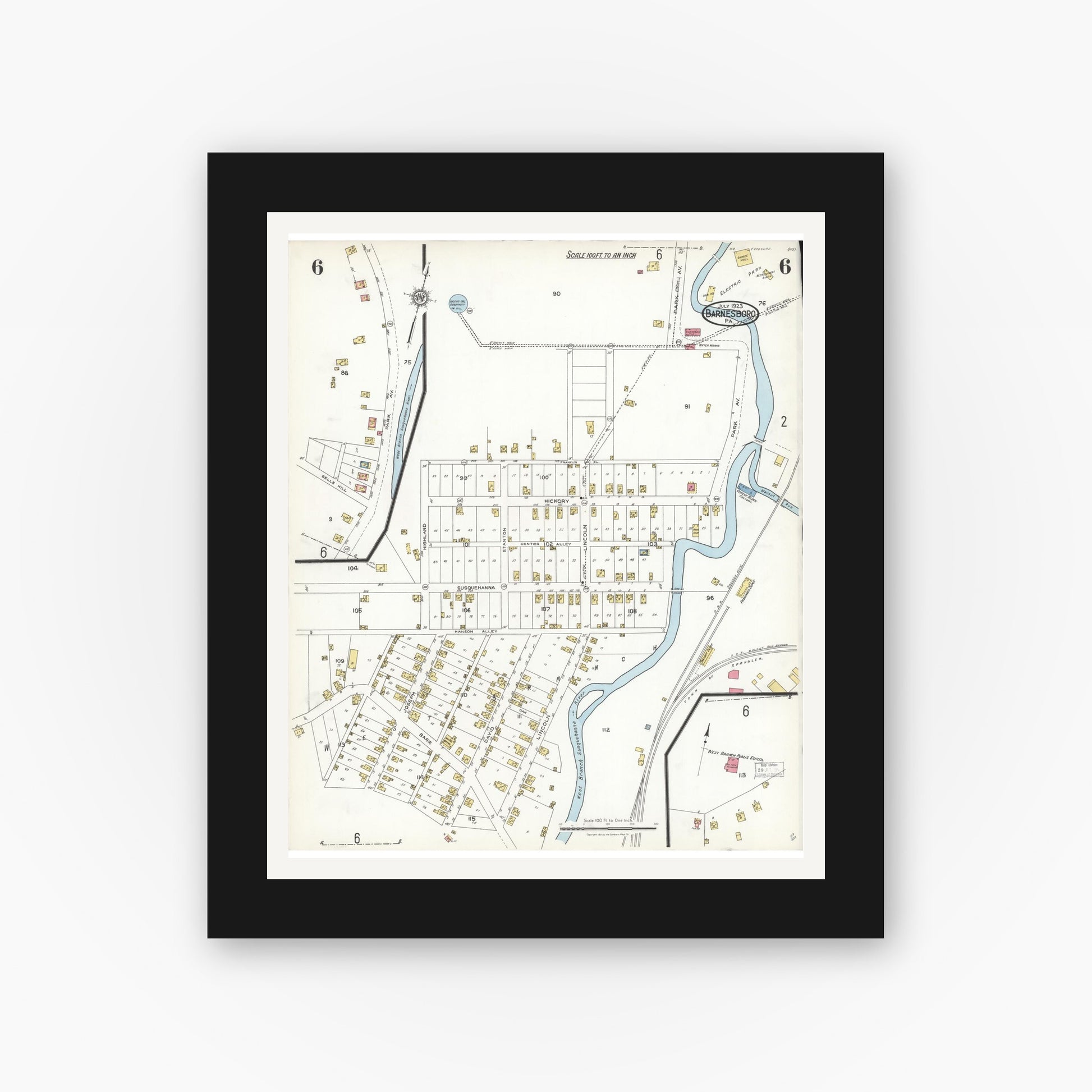 Old map wall art mockup — black gallery frame with white mat — Sanborn Fire Insurance Map from Barnesboro, Cambria County, Pennsylvania (1923), Sheet #0006