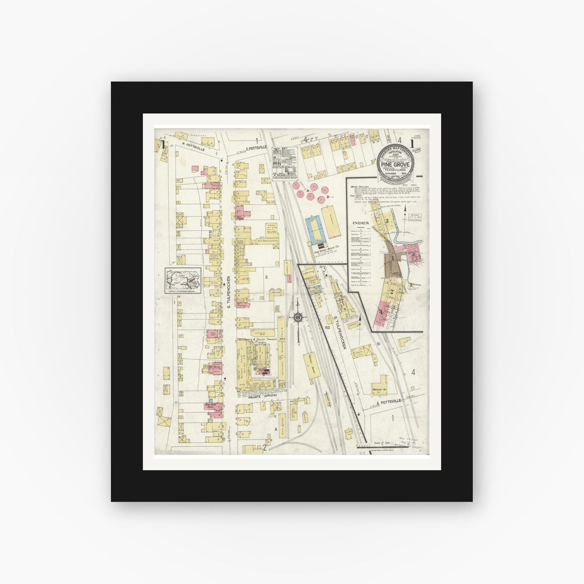 Old map wall art mockup — black gallery frame with white mat — Sanborn Fire Insurance Map from Pine Grove, Schuylkill County, Pennsylvania (1923), Sheet #0001