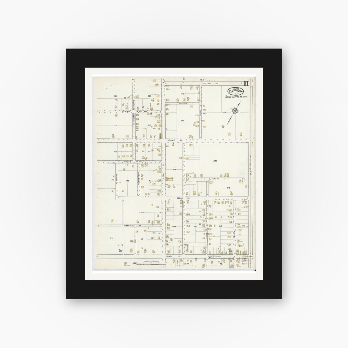 Old map wall art mockup — black gallery frame with white mat — Sanborn Fire Insurance Map from Daytona, Volusia County, Florida (1916), Sheet #0011