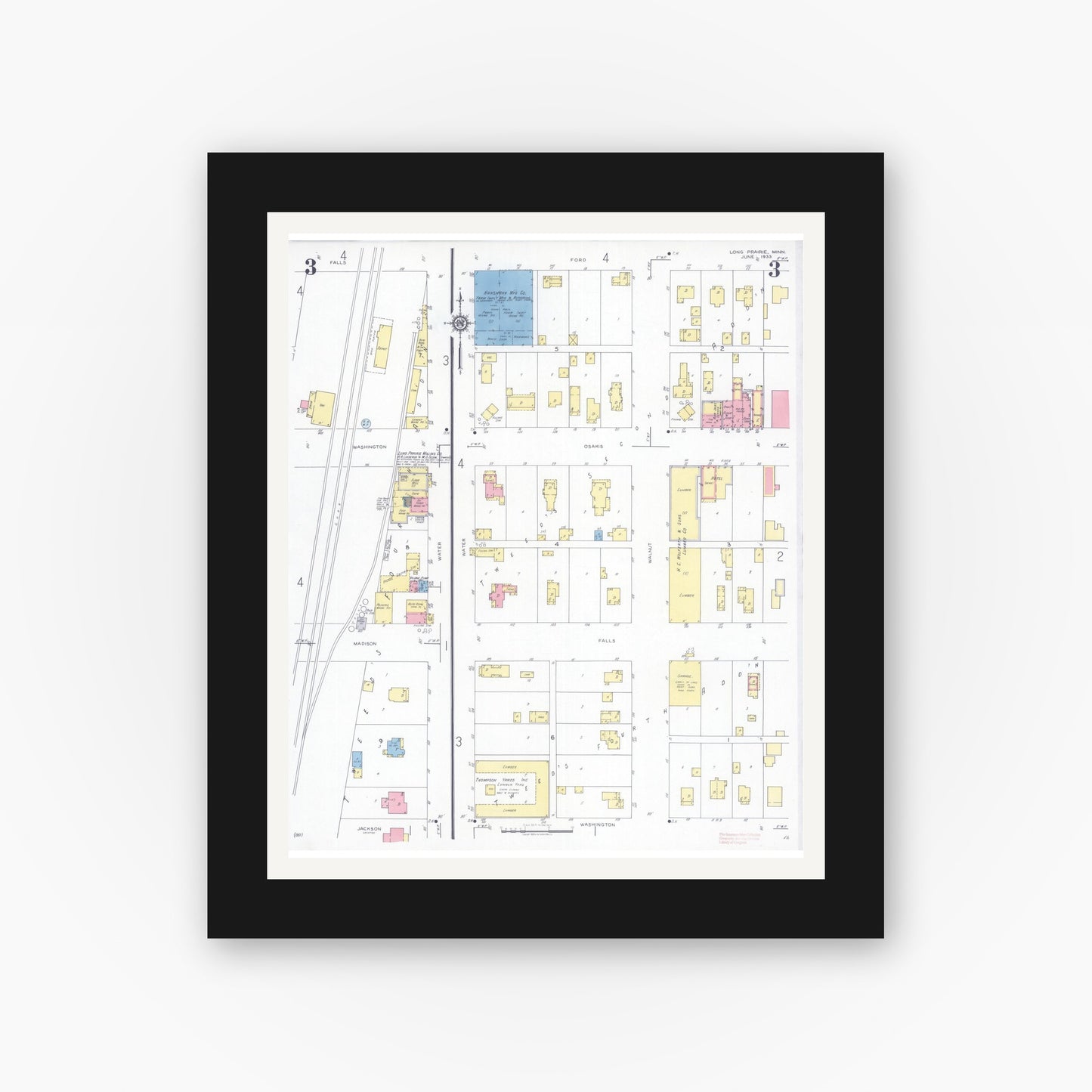 Old map wall art mockup — black gallery frame with white mat — Sanborn Fire Insurance Map from Long Prairie, Todd County, Minnesota (1933), Sheet #0003