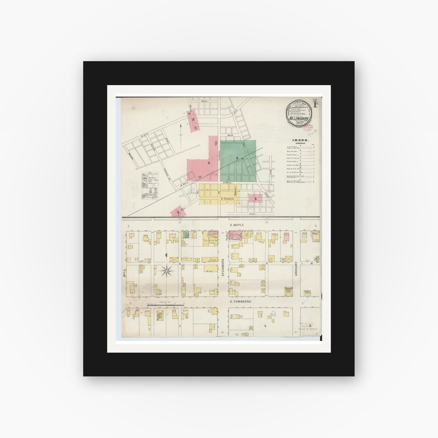 Old map wall art mockup — black gallery frame with white mat — Sanborn Fire Insurance Map from North Lewisburg, Champaign County, Ohio (1895), Sheet #0001