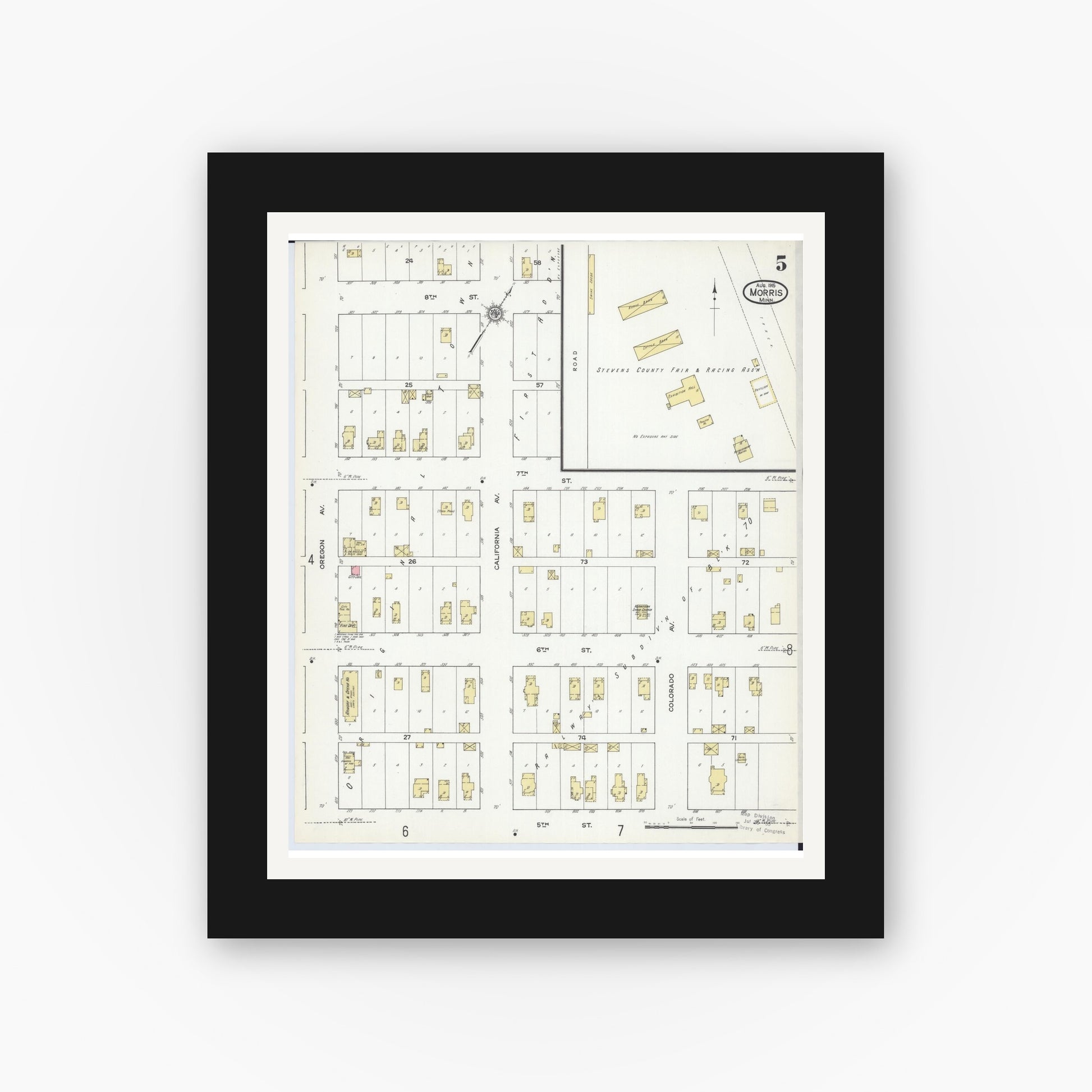 Old map wall art mockup — black gallery frame with white mat — Sanborn Fire Insurance Map from Morris, Stevens County, Minnesota (1915), Sheet #0005