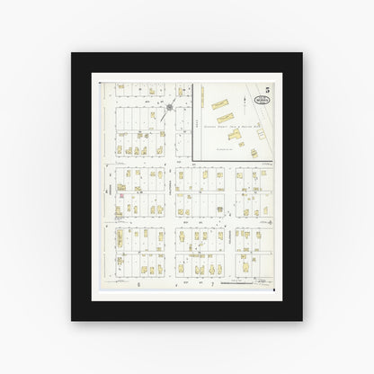 Old map wall art mockup — black gallery frame with white mat — Sanborn Fire Insurance Map from Morris, Stevens County, Minnesota (1915), Sheet #0005