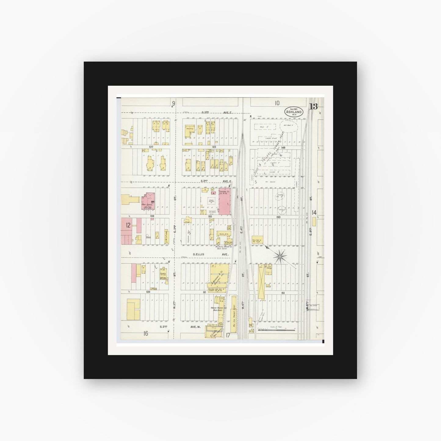 Old map wall art mockup — black gallery frame with white mat — Sanborn Fire Insurance Map from Ashland, Ashland County, Wisconsin (1901), Sheet #0013